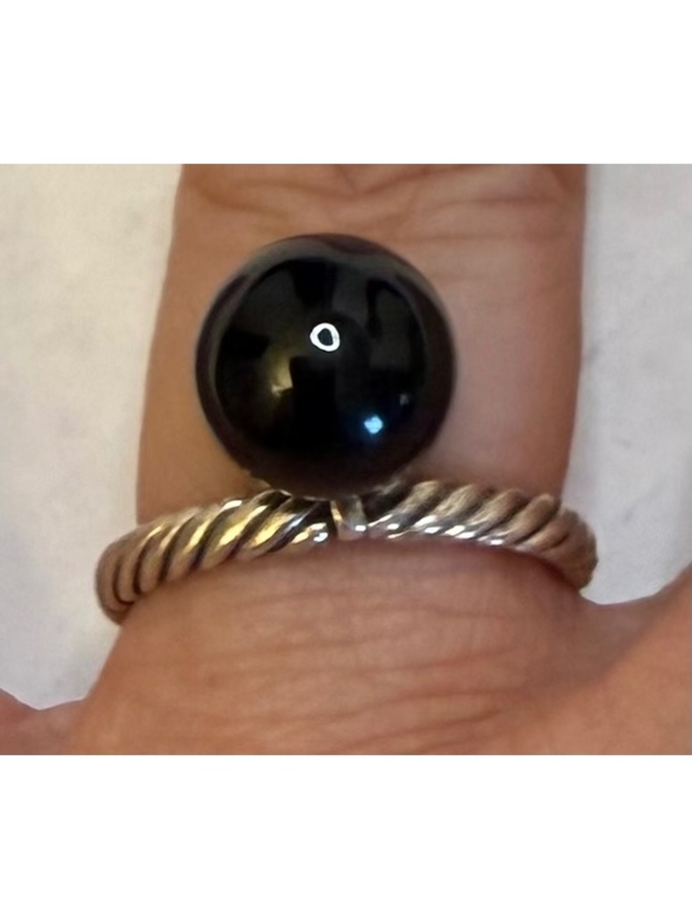 David Yurman Sterling Silver Cable Ball Charm Ring Black Onyx Size 7